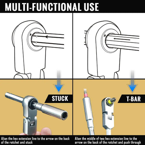 Image showing multi-functional use of Heavy Duty Flex Head Ratchet Wrench With Hex Bit Extension and T-bar for repairs.