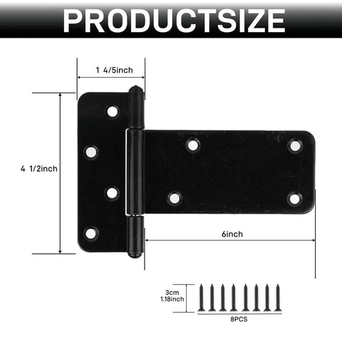 Product diagram of 6 Inch Heavy Duty Gate Hinges 280 Lbs Capacity Black 4 Pack With Screws Included for wooden fences and barn doors.