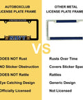 Comparison of Patriotic Navy License Plate Frame in black versus generic metal frame, highlighting features and quality differences.