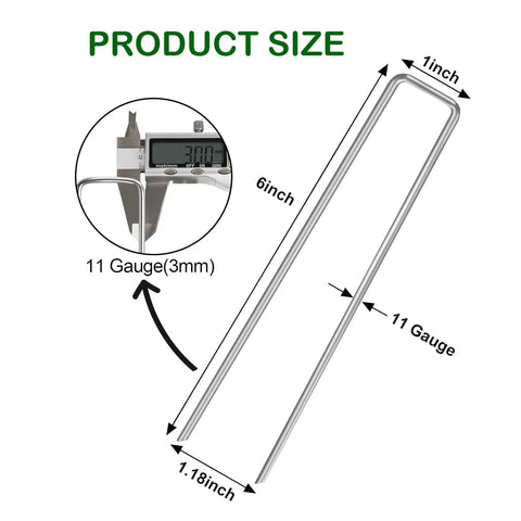 Diagram showing 100 Pack 6 Inch Garden Stakes Galvanized Landscape Staples For Weed Barrier Fabric Heavy Duty Sod Pins dimensions