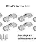 Heavy Duty Eight Pack Hidden Hinges For Frameless Cabinets Self Closing Concealed Door Hardware With Solid Metal Springs and Rock Solid 90 Degree Flush Mount showing eight steel hinges and screws.