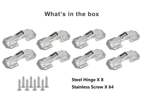 Heavy Duty Eight Pack Hidden Hinges For Frameless Cabinets Self Closing Concealed Door Hardware With Solid Metal Springs and Rock Solid 90 Degree Flush Mount showing eight steel hinges and screws.