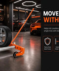 No Sweat Heavy Duty Adjustable Tire Wheel Dolly Single Person Lever Lifter Moves Tires Fast with aluminum rollers and ergonomic grip.