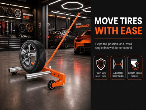 No Sweat Heavy Duty Adjustable Tire Wheel Dolly Single Person Lever Lifter Moves Tires Fast with aluminum rollers and ergonomic grip.