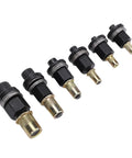 Six Piece Hand Rivet Nut Tool Mandrel Set With 10-24 To 3 8 16 Threaded Inserts, showing six black and brass mandrels