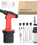 Professional Pneumatic Rivet Nut Gun Featuring Automatic Self Suction Loading And Four Quick Swap Nosepieces For Smooth Single Hand Operation, includes accessories.
