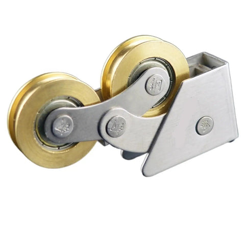 2 Pack Gutsy Sliding Door Rollers Heavy Duty Stainless Steel Cabinet Hardware showing gold wheels and stainless steel frame.