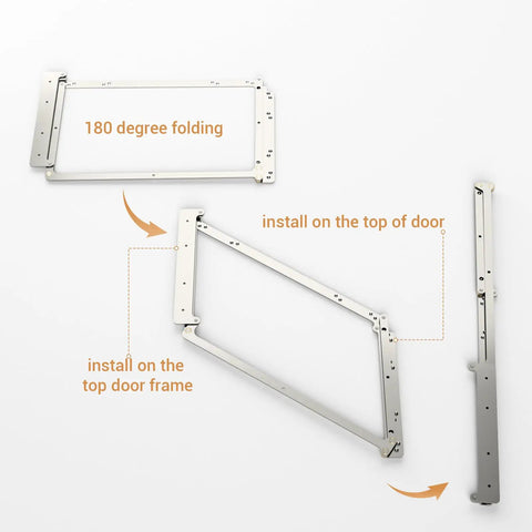 Top Notch Concealed Bifold Barn Door Hardware Kit With Slick Stainless Steel Track for 32 Inch openings showing 180 degree pivot bracket details.