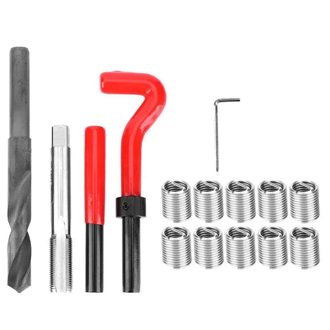 Beefy M14x1.25 Thread Repair Kit 15 Piece Stainless Steel Workhorse with drill, tap, wrench, 10 threaded inserts visible.