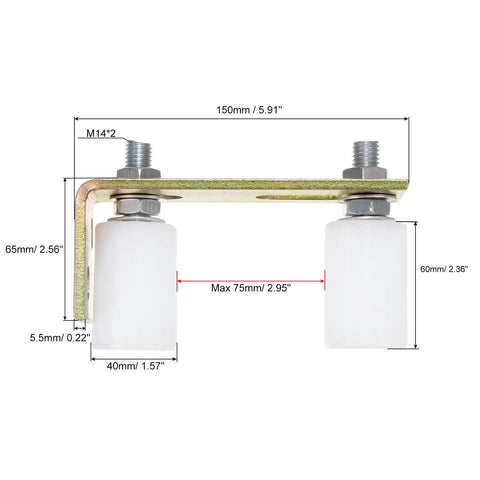 Heavy Duty Sliding Gate Door Rollers With Adjustable Track Brackets And Precision Ball Bearing Nylon Wheels dimensions and details measuring 150mm x 65mm.