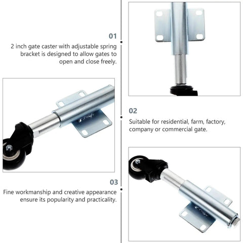 Heavy Duty Workhorse Gate Wheel Caster With Spring Loaded Shock Damping Featuring A Built Tough Iron Frame and smooth polyurethane wheel, adjustable mount.