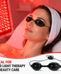 Top Shelf 4 Pack Semi Clear Safety Glasses For Tanning Beds And Sunbeds No Sweat Adjust Red Light Therapy Goggles With See Through Lenses and Laser Beauty Treatments on a model during treatment.