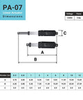 Top Notch 12V Micro Linear Electric Actuator With 12 Inch Stroke And 5 Pounds Force dimensions chart showcasing sizes A, B, C.