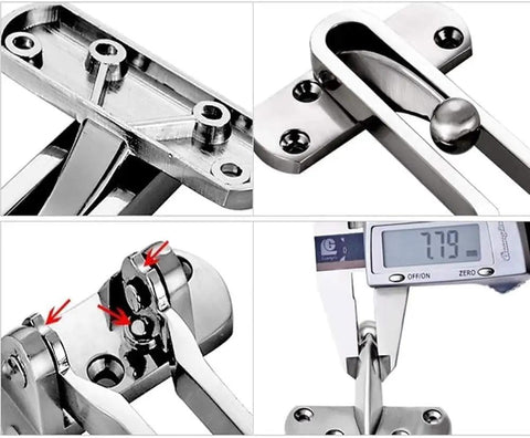 Close-up views of Rock Solid Zinc Alloy Door Security Chain and Anti Theft Safety Lock components, showcasing precise design and measurements.