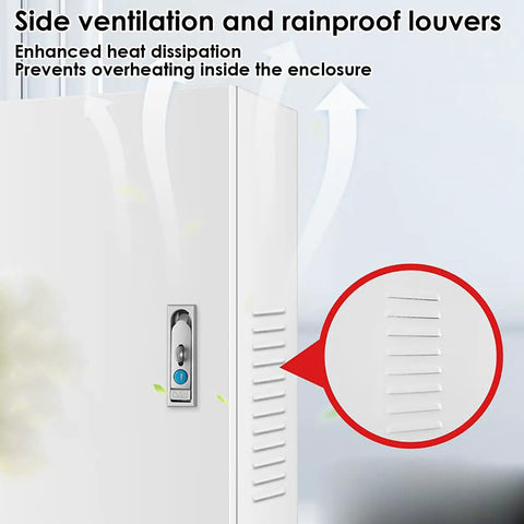 Heavy Duty Cold Rolled Steel Wall Mount Electric Vehicle Charger Cover with side ventilation and rainproof louvers.