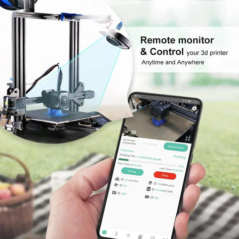 Heavy Duty 3D Printer Camera With Wifi Remote Monitoring And Auto Time Lapse For Makers No Sweat Plug And Play Setup Includes 32Gb MicroSD Card showing printed model and smartphone controls.