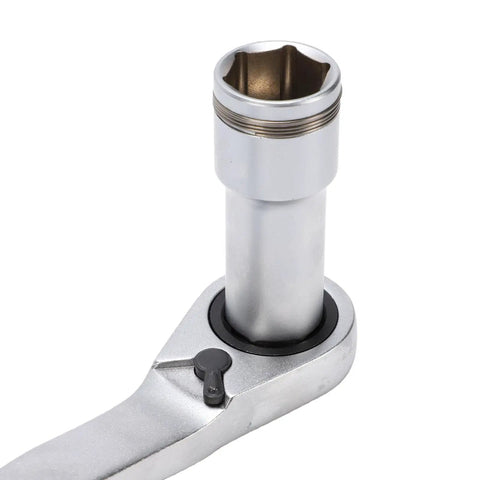Close-up of 17 Piece Pass Through Socket Set With 72 Tooth Ratchet Wrench crafted from chrome vanadium steel for long bolt access.