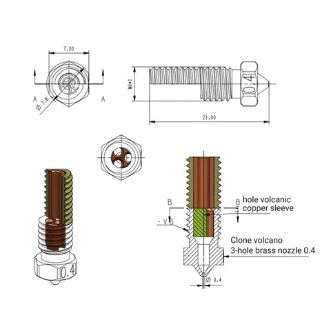 Built Tough Hardened Steel Nozzle Compatible With Volcano Printers Featuring Three Hole Mount And High Flow Setup In Zero Point Eight Mm. 3-hole brass nozzle design with precise measurements.