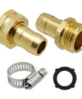 Garden Hose Repair Kit With Clamps Six Piece Set Male And Female Connectors For Three Quarter Inch Or Five Eighth Inch Hoses Aluminum Body With Copper Finish And Stainless Steel Clamps No Fuss Leak Fix And Quick Connect in close-up view showing connectors and clamp detail.