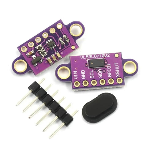High Grade ToF Laser Range Finder Module With I2C Port For Arduino And Raspberry Pi Kits, purple circuit board with pins.