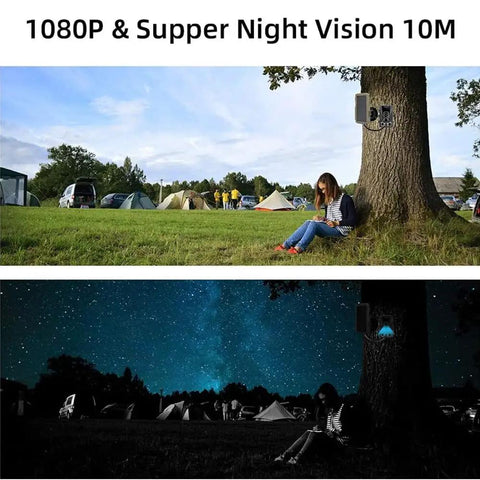 Top Shelf Rechargeable Solar Panel for Trail Cameras with 6V to 12V Compatibility near camp setup, night and day views.