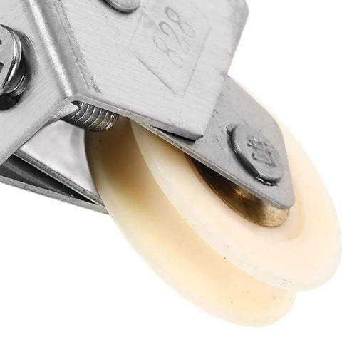 Heavy Duty Sliding Door Pulley Wheel With Adjustable Track Roller For Slick Silent Glide Operation Smooth Stainless Steel Hardware Replacement Zero Sweat Install, close-up view of stainless steel pulley with plastic wheel.