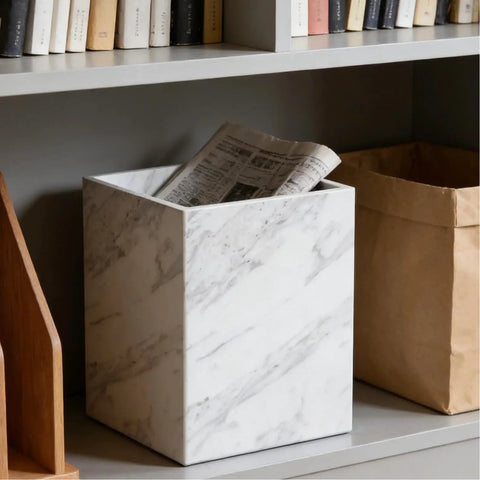 Lux Marble Wastebasket Real Stone Trash Can Rectangular Luxury Durable Bathroom Home Office Living Room Garbage Container With Sleek White Marble Look And Easy To Clean Finish on shelf