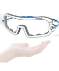 Ultra Lightweight Disposable Safety Glasses Pack Of 12 Featherlight Protective Eyewear With Antifog Lens For Diy Builds And Garage Sessions Straight Up Legit Gear held in hand.
