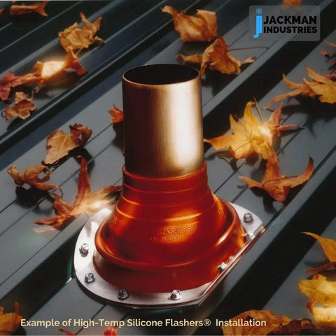 Gray Silicone Roof Jack Flashing Boot For Round Pipe OD 5 to 9 Inches on metal roof with autumn leaves, no tools needed