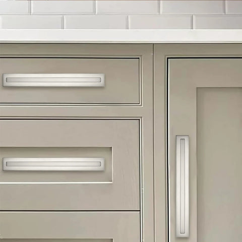 5 Pack 3 Inch Hole Center Brushed Satin Nickel Cabinet Pulls With Backplates And Base Plates installed on cabinets
