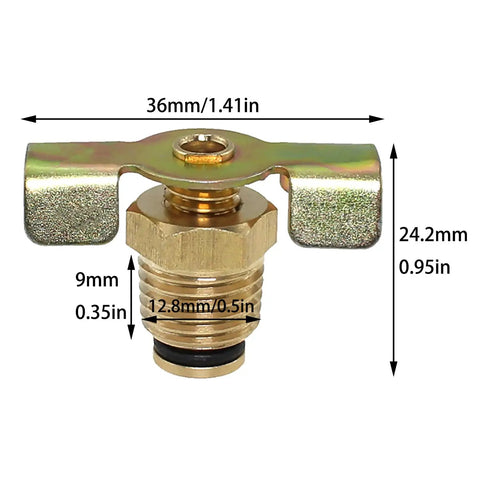 Two Pack One Quarter Inch NPT Brass Air Compressor Drain Valves Wing Type Plug Valve with dimensions labeled