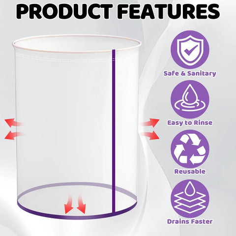 Product illustration of Five Pack 5 Gallon All Mesh Filter Bags Set For Hydroponics And Industrial Use with features icons.