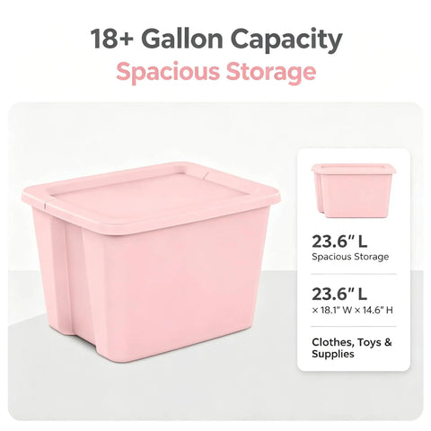 Sick Space Saver Pink Plastic Storage Bin Knocking Clutter Out With 18 Gallon Stackable Tote, 23.6" x 18.1" x 14.6" for dorms.