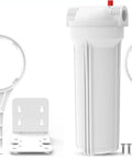 Universal 10 Inch Whole House Water Filter Housing With Heavy Duty Steel Bracket And Three Quarter NPT Fittings For No Sweat Sediment Filtration Drop Right In Home Install Includes Wrench Pack Of Two with white filter housing unit and accessories.