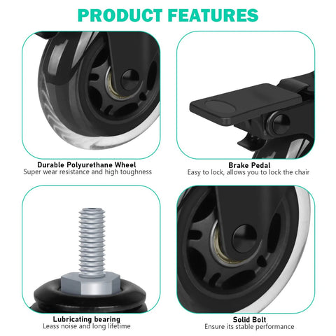 Image showing features of Three Inch Casters With 5/16-18 UNC Threaded Stem Two Casters With Brake Lock And Three Without Locking Bearing Swivel Casters.
