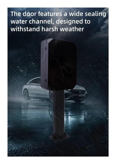Heavy Duty Ev Charger Lock Box With Stand White Galvanized Steel tough weatherproof cover, mounted in rain.