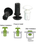 Premium Nylon R Type Snap Rivet PCB Board Mounting Clip Tool Free Push Fit Fastener Hella Reliable Hardware No Sweat Installation For Electronics Panels Killer Black, showing black and white clips and installation steps.