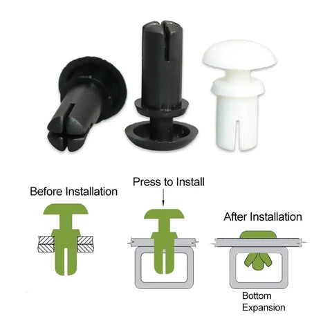 Premium Nylon R Type Snap Rivet PCB Board Mounting Clip Tool Free Push Fit Fastener Hella Reliable Hardware No Sweat Installation For Electronics Panels Killer Black, showing black and white clips and installation steps.