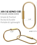 Close-up of solid gold brass locking carabiner clip from Ten Piece Solid Gold Brass Key Rings Set With Locking Carabiner Clips And Screw Lock Oval Keychains Durable Purse Bag Charms Holder For Handbags And Everyday Carry On The Go, showing dimensions and weight.