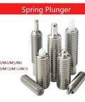Stainless Steel Long Stroke Plunger With Retractable Spring And Smooth Plastic Head Built Tough For Heavy Duty Trades, six spring plungers displayed.
