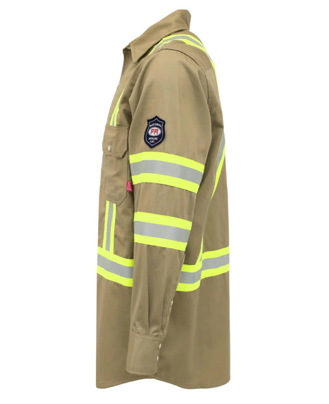 Side view of Hi Vis Flame Resistant Work Shirt For Men 7.5oz Khaki Cotton Twill FR With Reflective Tape ANSI ISEA 107 Type O Class 1