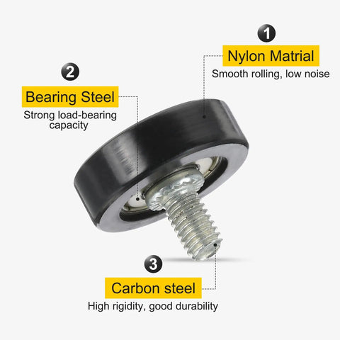 Close-up of Heavy Duty Nylon Drawer Rollers 4 Pack Built Tough Smooth Glide Sliding Door Track Guide Replacement Wheels For Drawers Cabinets And Home Doors Black M6X10mm Thread showing nylon wheel and steel screw.