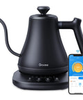 Smart Electric Kettle With WiFi And Alexa Control For Home Baristas Gooseneck Pour Over Kettle With Variable Temperature 1200W Quick Heat 0.8L Capacity One Hundred Percent Stainless Steel Matte Black next to smartphone
