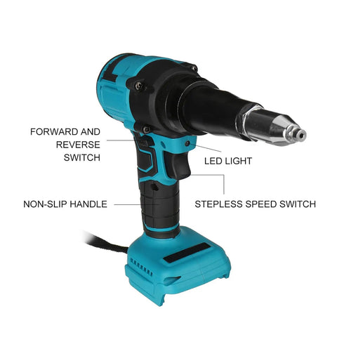 Cordless Rivet Nut Gun With Knockout Led Working Light And No Fuss One Hand Operation showing LED light and non-slip handle