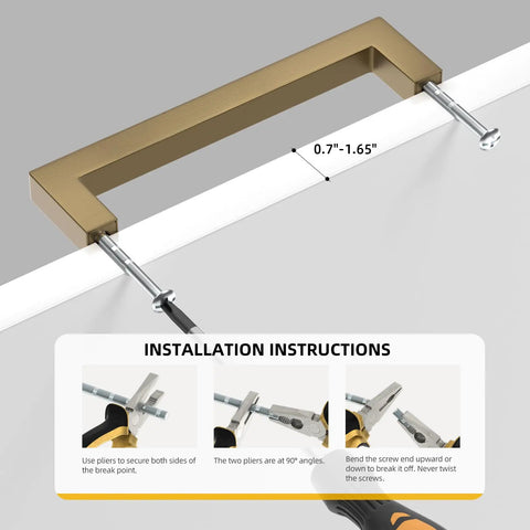 Top Shelf Champagne Bronze Cabinet Pulls 5 Inch 10 Pack Brushed Gold Drawer Handles, showing installation measurements and tips.