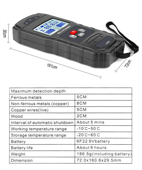 4 In 1 Electronic Stud Finder Wall Scanner with display and buttons for detecting wood, metal, and live wires.