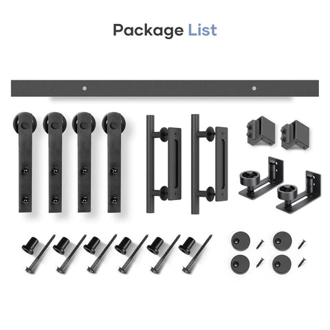 Rock Solid Eight Foot Double Sliding Barn Door Track Hardware Kit With Straight Pulley and Hella Smooth Quiet Rollers, parts included.