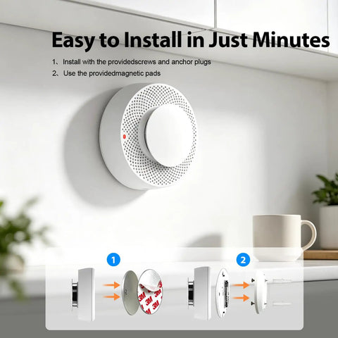 Kickin Butt Fire Alarm Smoke Detector With Smart Photoelectric Tech mounted on wall, showing installation method and magnetic pads.