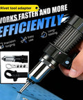Cordless Rivet Gun Adapter Kit Converts Any Drill Into A Heavy Duty Riveting Tool with nut cores, ergonomic grip in use