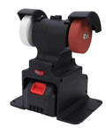 Rock Steady Cordless Mini Bench Grinder With Two Heavy Duty 4000mAh Batteries And Slick Variable Speed Adjustment Reaching 7000Rpm, close-up of grinder with dual wheels.